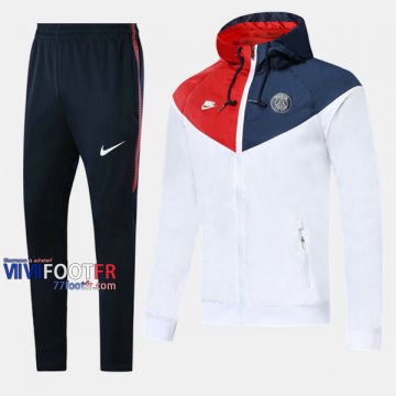 Retro Ensemble Veste Coupe-Vent Survetement Foot PSG Paris Saint Germain Blanc/Rouge/Bleu Fonce Thai 2019 2020 Nouveau