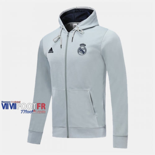 Magasins Veste Foot Real Madrid Avec Capuche Gris 2019/2020 Nouveau Promo