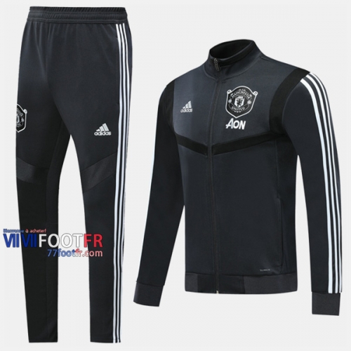 Promotion Ensemble Veste Survetement Foot Manchester United Gris Fonce Thailande 2019/2020 Nouveau