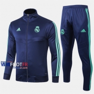 Retro Ensemble Veste Survetement Foot Real Madrid Bleu Fonce Thai 2019-2020 Nouveau