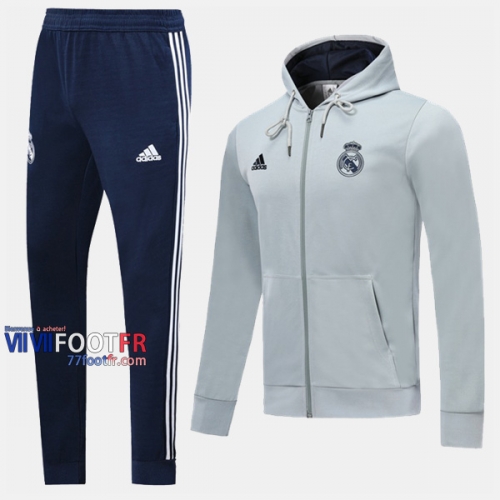 A++ Qualité: Ensemble Veste A Capuche Survetement Foot Real Madrid Gris Coton 2019/2020 Nouveau