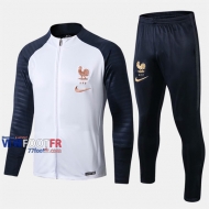 Top Qualité Ensemble Veste Survetement Foot France Blanc/Bleu Fonce Coton 2019 2020 Nouveau