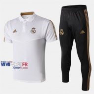 Ensemble Polo Foot Real Madrid Costume Manche Courte Retro Blanc/Jaune 2019/2020 Nouveau