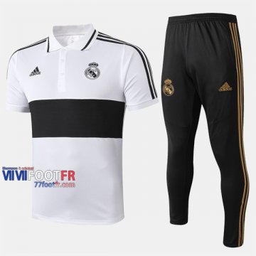 Ensemble Du Polo Foot Real Madrid Costume Manche Courte Slim Noir/Blanc 2019/2020 Nouveau