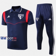 Ensemble Du Polo Foot Sao Paulo FC Costume Manche Courte Belle Bleu Fonce 2019/2020 Nouveau