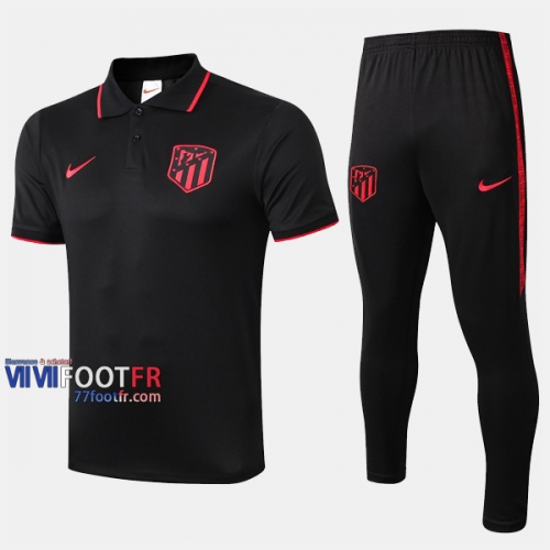 Ensemble De Polo Foot Atletico Madrid Costume Manche Courte Belle Noir 2019/2020 Nouveau