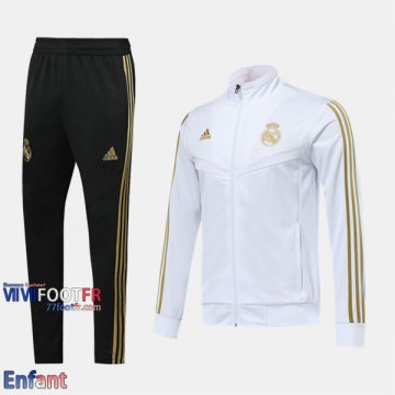 Promo: Ensemble Veste Survetement Real Madrid Enfant Col Montant Blanc 2019/2020 Retro