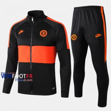 Promotion Ensemble Veste Survetement Foot Chelsea FC Noir/Orange 2019-2020 Nouveau