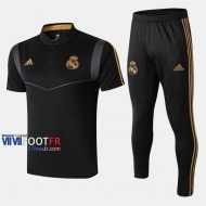 Ensemble Du Polo Foot Real Madrid Costume Manche Courte Coton Noir/Gris 2019/2020 Nouveau