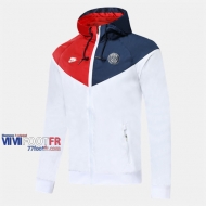 Magasins Veste Foot Coupe-Vent PSG Paris Blanc/Rouge/Bleu Fonce 2019/2020 Nouveau Promo