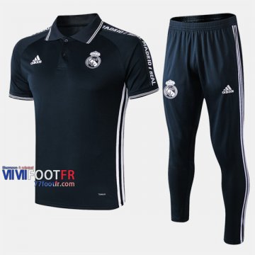 Ensemble Du Polo Foot Real Madrid Costume Manche Courte Retro Gris Fonce 2019/2020 Nouveau