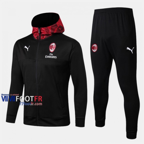 Promo Ensemble Veste A Capuche Survetement Foot AC Milan Noir 2019-2020 Nouveau