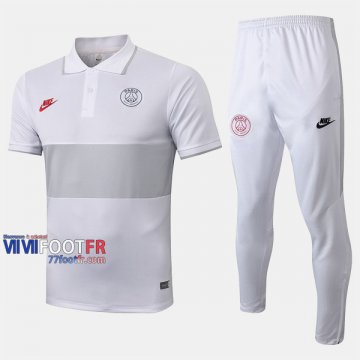 Ensemble Polo Foot PSG Paris Saint Germain Costume Manche Courte Belle Blanc Gris 2020/2021 Nouveau