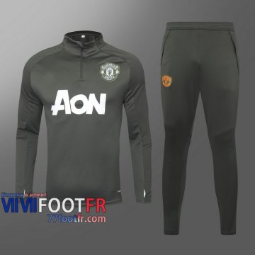 77footfr Survetement Foot Manchester United Gris vert - Fermeture eclair courte 2020 2021 T10