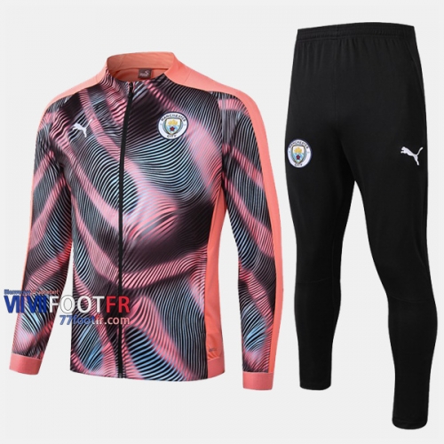 Parfait Ensemble Veste Survetement Foot Manchester City Rose/Noir Coton 2019 2020 Nouveau