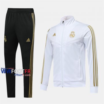 Retro Ensemble Veste Survetement Foot Real Madrid Blanc/Jaune Thai 2019 2020 Nouveau