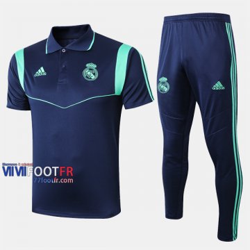 Ensemble Polo Foot Real Madrid Costume Manche Courte Coton Bleu Fonce 2019/2020 Nouveau