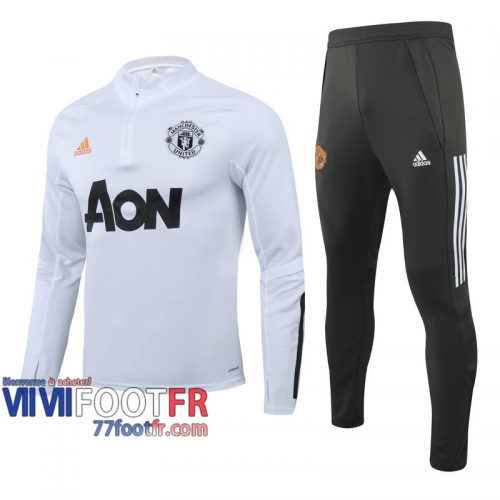 77footfr Survetement Foot Enfant Manchester United blanc - Fermeture eclair courte TK45