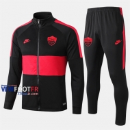 Retro Ensemble Veste Survetement Foot AS Rome Noir/Rouge Slim 2019/2020 Nouveau