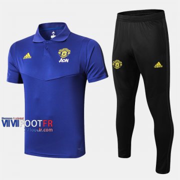 Ensemble Polo Foot Manchester United Costume Manche Courte Coton Bleu 2019/2020 Nouveau