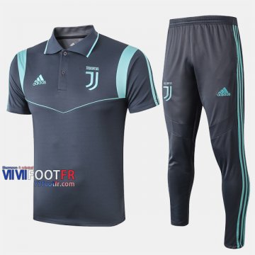 Ensemble Polo Foot Juventus Turin Costume Manche Courte Coton Bleu/Vert 2019/2020 Nouveau