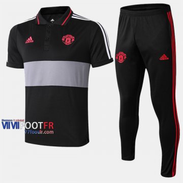 Ensemble Polo Foot Manchester United Costume Manche Courte Coton Noir/Gris 2019/2020 Nouveau