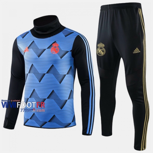 Promo Ensemble Survetement Foot Real Madrid Col Haut Bleu Thai 2019/2020 Nouveau