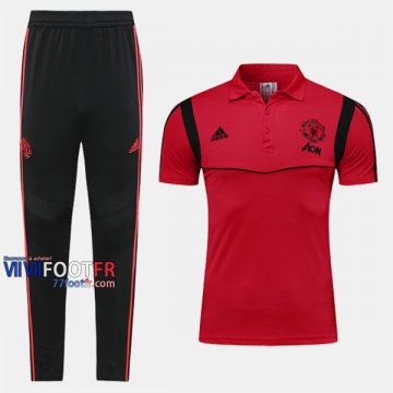 Ensemble Du Polo Foot Manchester United Costume Manche Courte Slim Rouge/Noir 2019/2020 Nouveau