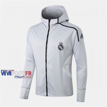 Magasins Veste Foot Real Madrid Avec Capuche Gris Clair 2019/2020 Nouveau Promo