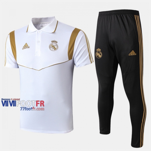 Ensemble De Polo Foot Real Madrid Costume Manche Courte Retro Blanc/Jaune 2019/2020 Nouveau
