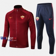 Promo Ensemble Veste Survetement Foot AS Rome Brown Thai 2019-2020 Nouveau