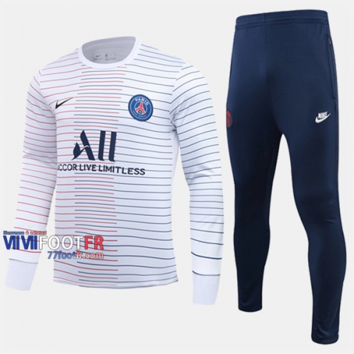 Acheter Ensemble Survetement Foot PSG Paris Saint Germain Blanc Rayures Slim 2020/2021 Nouveau